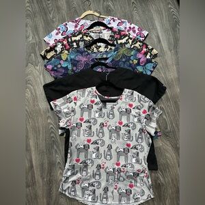 SCRUBS- 5 tops in assorted cute patterns.  (Must take 5)